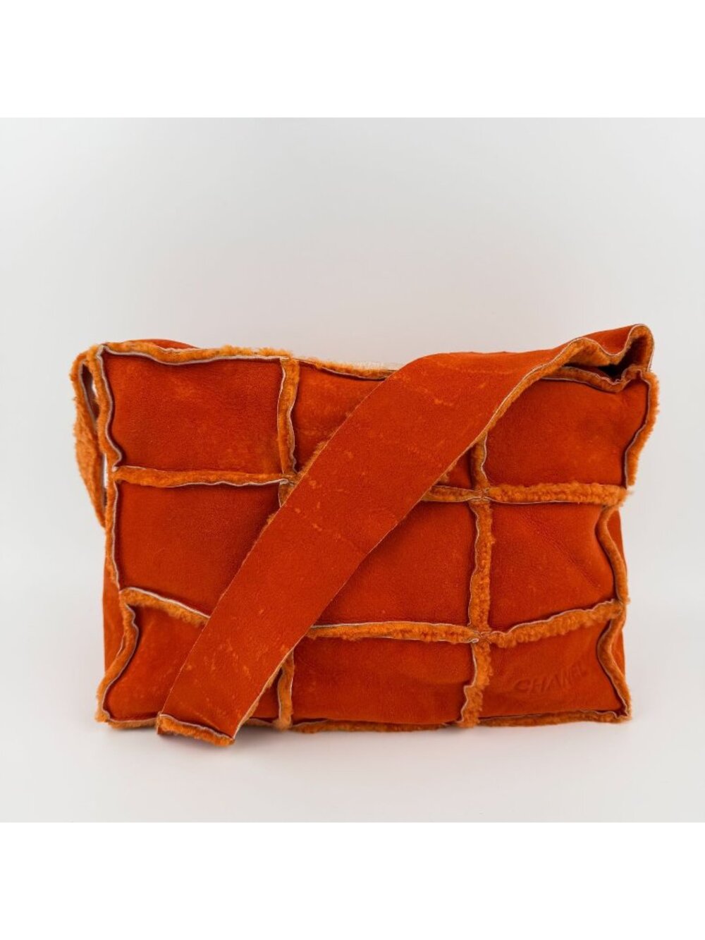 Chanel CC Logo Choco Bar Shoulder Bag Orange Shearling Suede Vintage